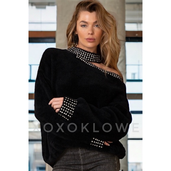 LAST ONE POL Black Faux Mohair & Rhinestone Cutout Halter Neck Sweater - Picture 4 of 10